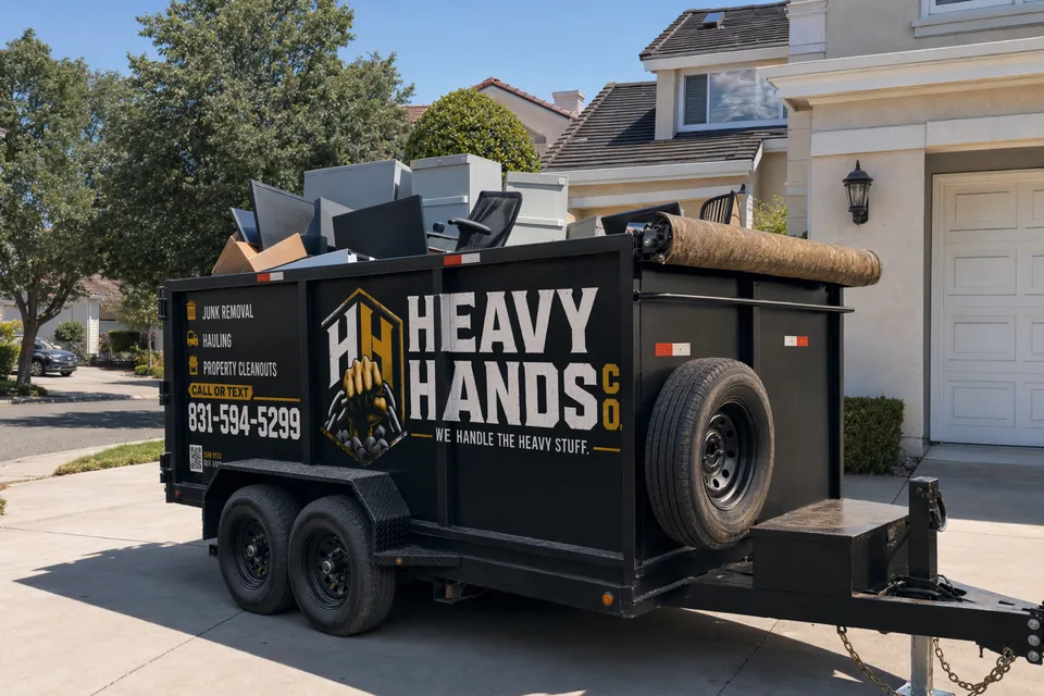 Heavy Hands Co. dump trailer loaded for Commercial & Office Junk Removal