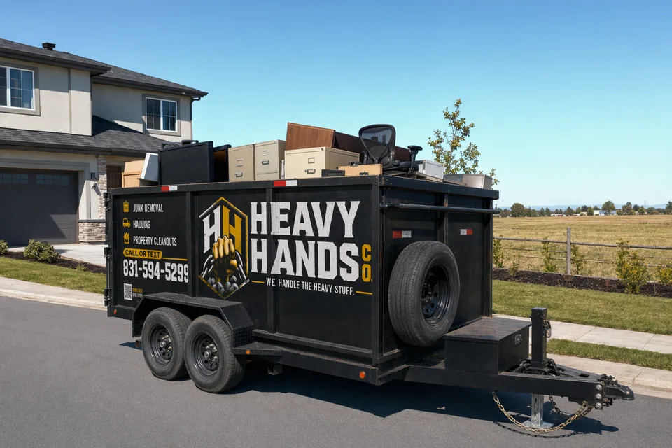 Heavy Hands Co. dump trailer loaded for Commercial & Office Junk Removal in Gilroy, California
