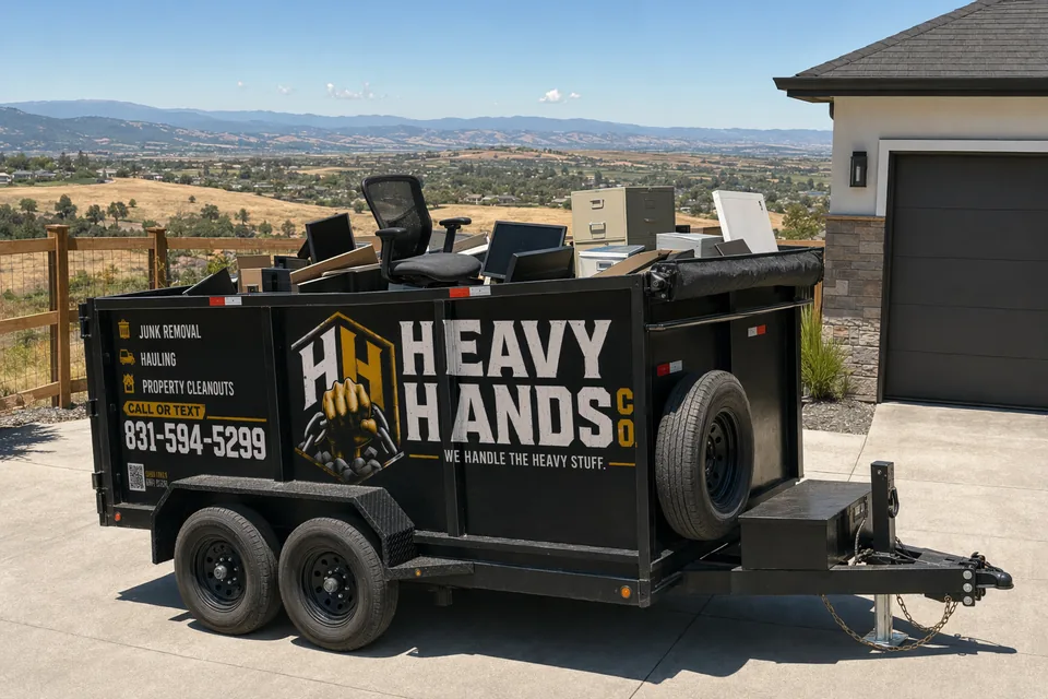 Heavy Hands Co. dump trailer loaded for Commercial & Office Junk Removal in Hollister, California