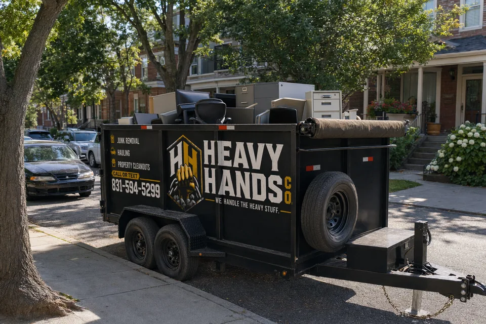 Heavy Hands Co. dump trailer loaded for Commercial & Office Junk Removal in San Jose, California