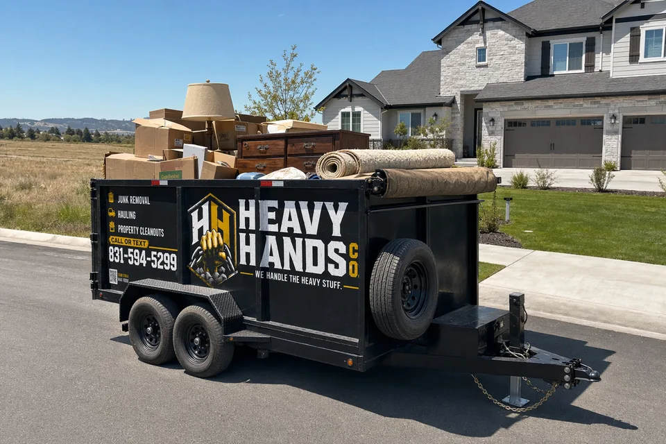 Heavy Hands Co. dump trailer loaded for Estate & Hoarding Cleanout in Gilroy, California
