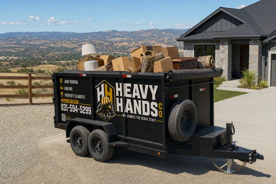 Heavy Hands Co. dump trailer loaded for Estate & Hoarding Cleanout in Hollister, California