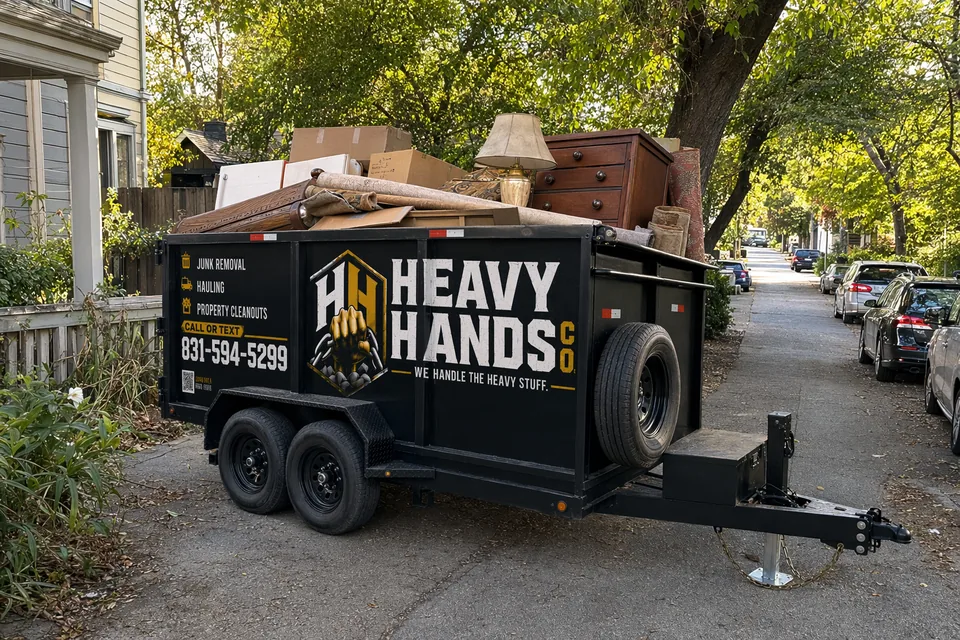 Heavy Hands Co. dump trailer loaded for Estate & Hoarding Cleanout in San Jose, California