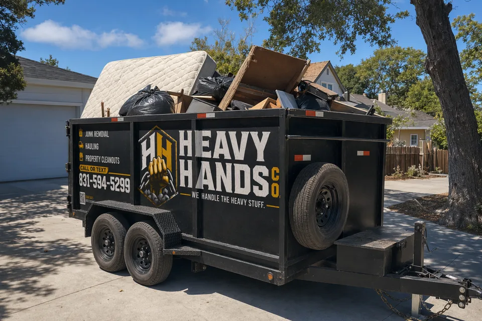 Heavy Hands Co. dump trailer loaded for Eviction & Property Cleanout