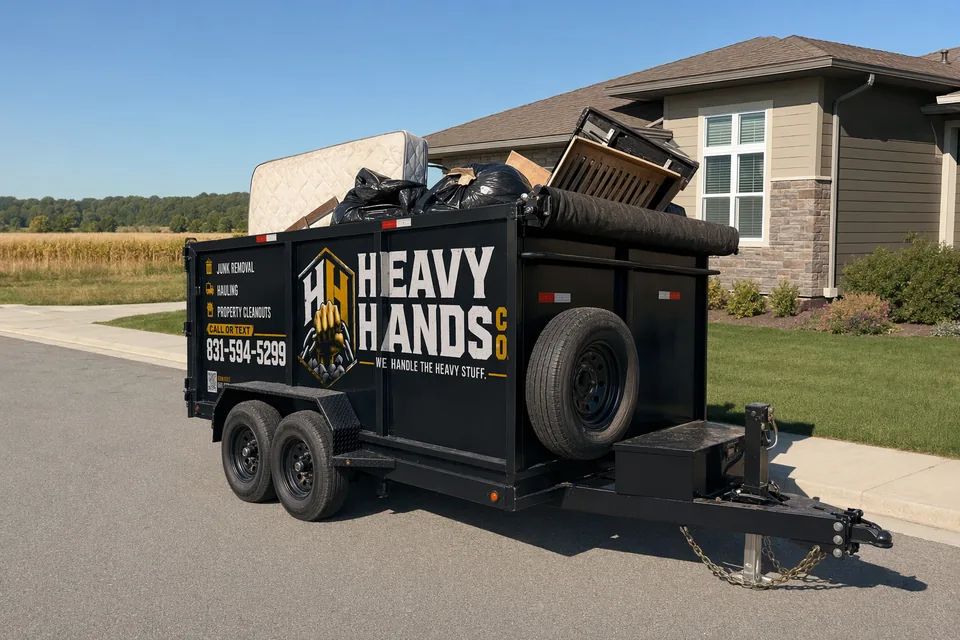 Heavy Hands Co. dump trailer loaded for Eviction & Property Cleanout in Gilroy, California