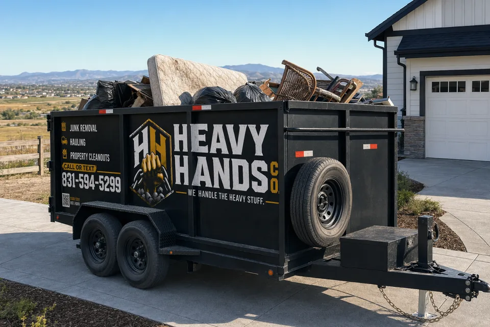 Heavy Hands Co. dump trailer loaded for Eviction & Property Cleanout in Hollister, California