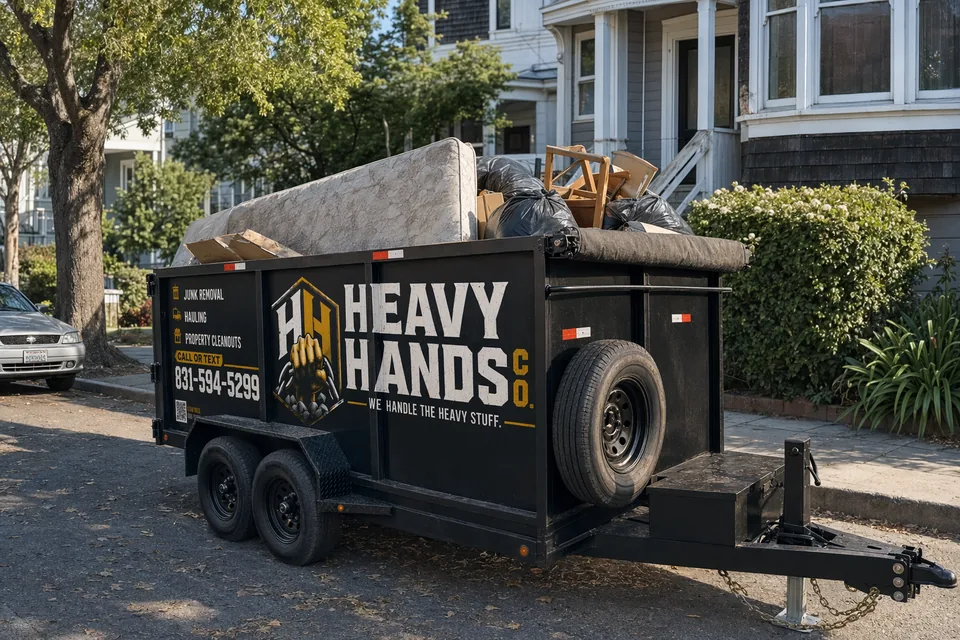 Heavy Hands Co. dump trailer loaded for Eviction & Property Cleanout in San Jose, California