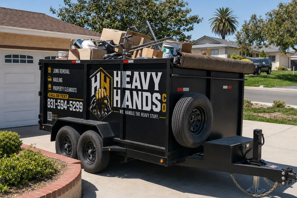 Heavy Hands Co. dump trailer loaded for Garage & Attic Cleanout