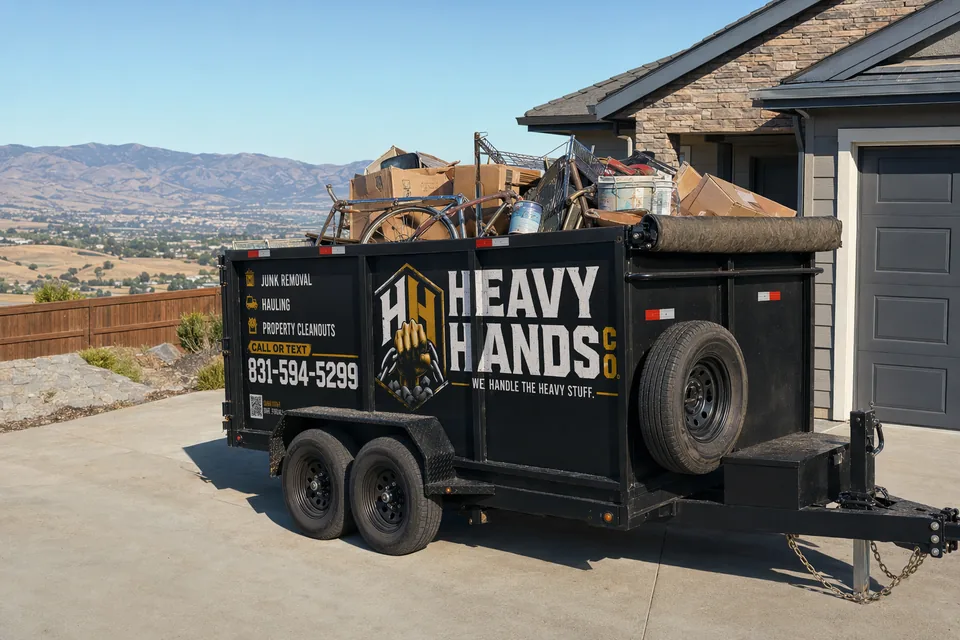 Heavy Hands Co. dump trailer loaded for Garage & Attic Cleanout in Hollister, California