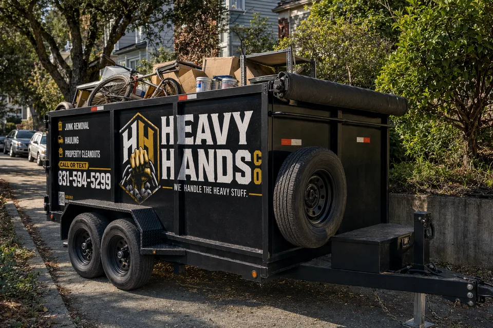 Heavy Hands Co. dump trailer loaded for Garage & Attic Cleanout in San Jose, California