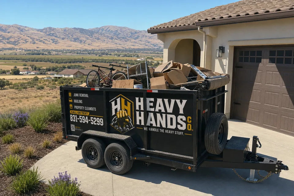 Heavy Hands Co. dump trailer loaded for Garage & Attic Cleanout in Soledad, California