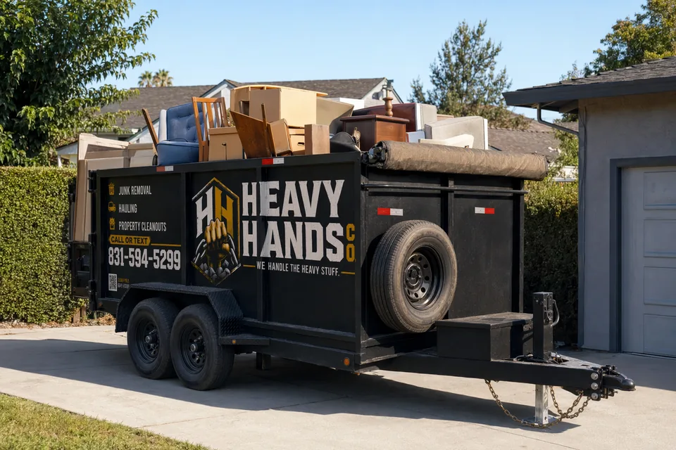Heavy Hands Co. dump trailer loaded for Storage Unit Cleanout