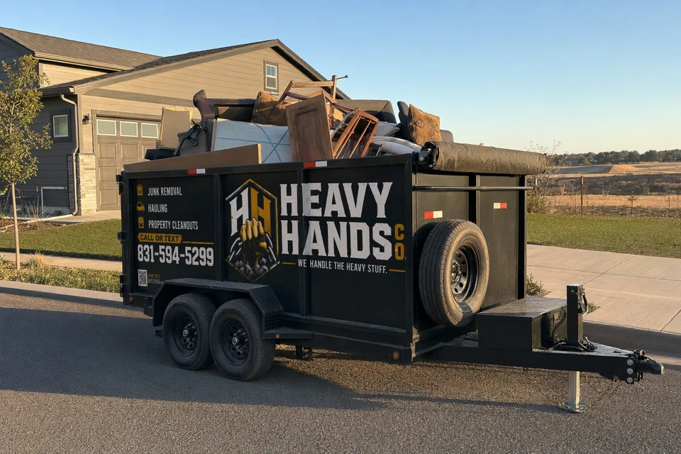 Heavy Hands Co. dump trailer loaded for Storage Unit Cleanout in Gilroy, California