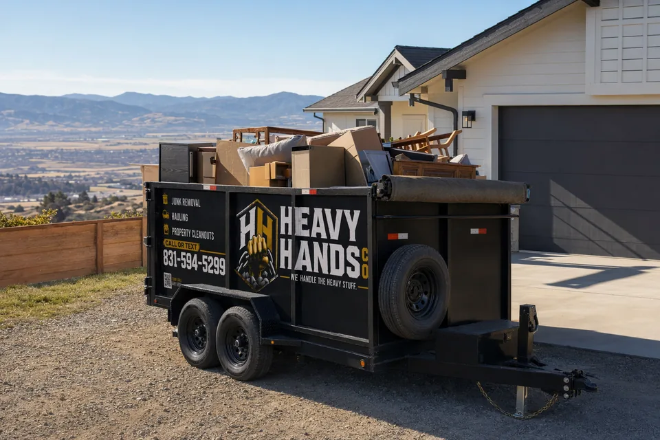 Heavy Hands Co. dump trailer loaded for Storage Unit Cleanout in Hollister, California