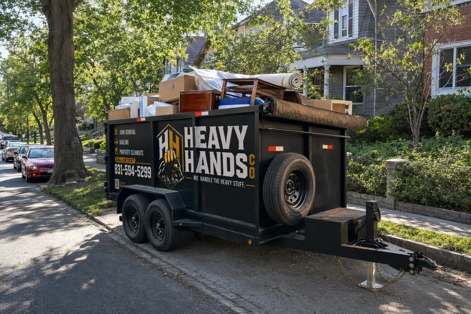 Heavy Hands Co. dump trailer loaded for Storage Unit Cleanout in San Jose, California