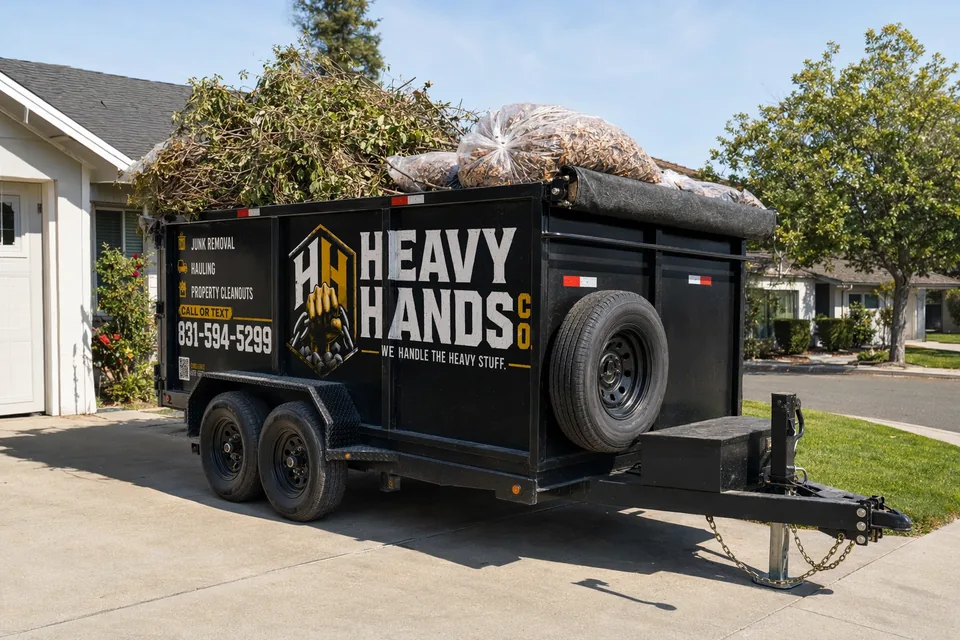 Heavy Hands Co. dump trailer loaded for Yard & Green Waste Removal