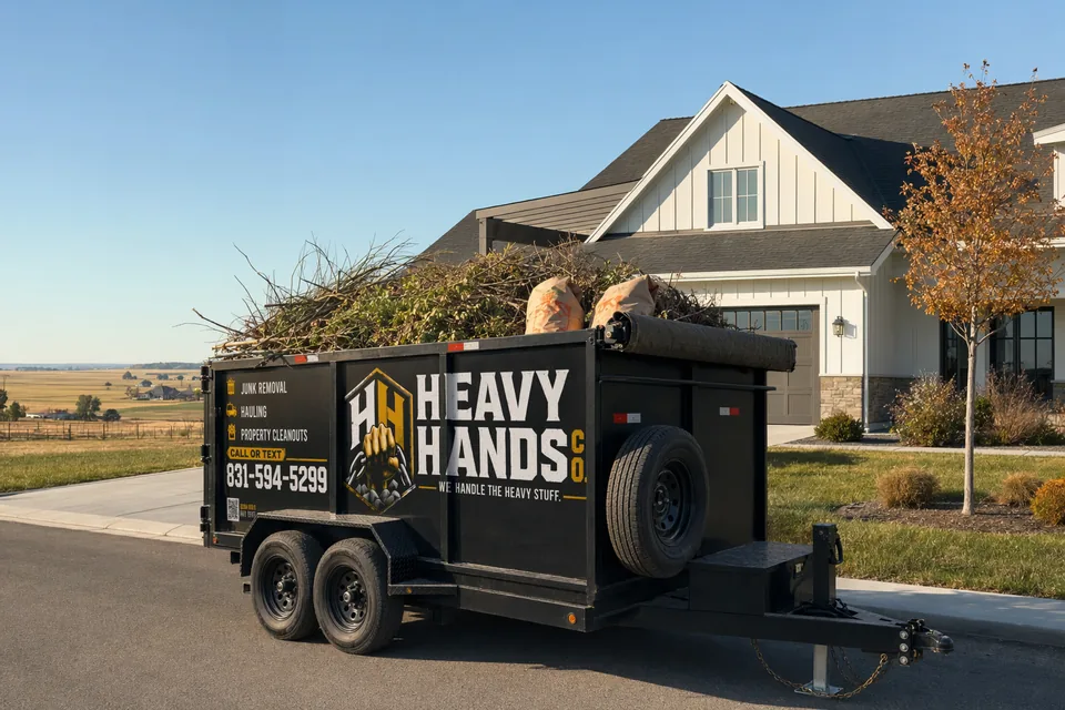 Heavy Hands Co. dump trailer loaded for Yard & Green Waste Removal in Gilroy, California