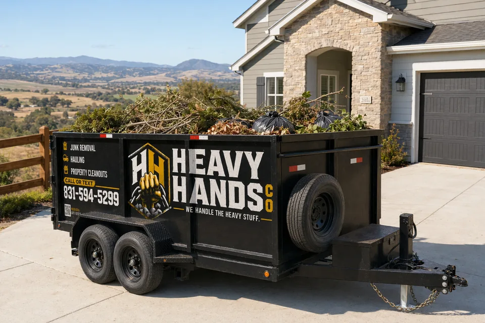 Heavy Hands Co. dump trailer loaded for Yard & Green Waste Removal in Hollister, California