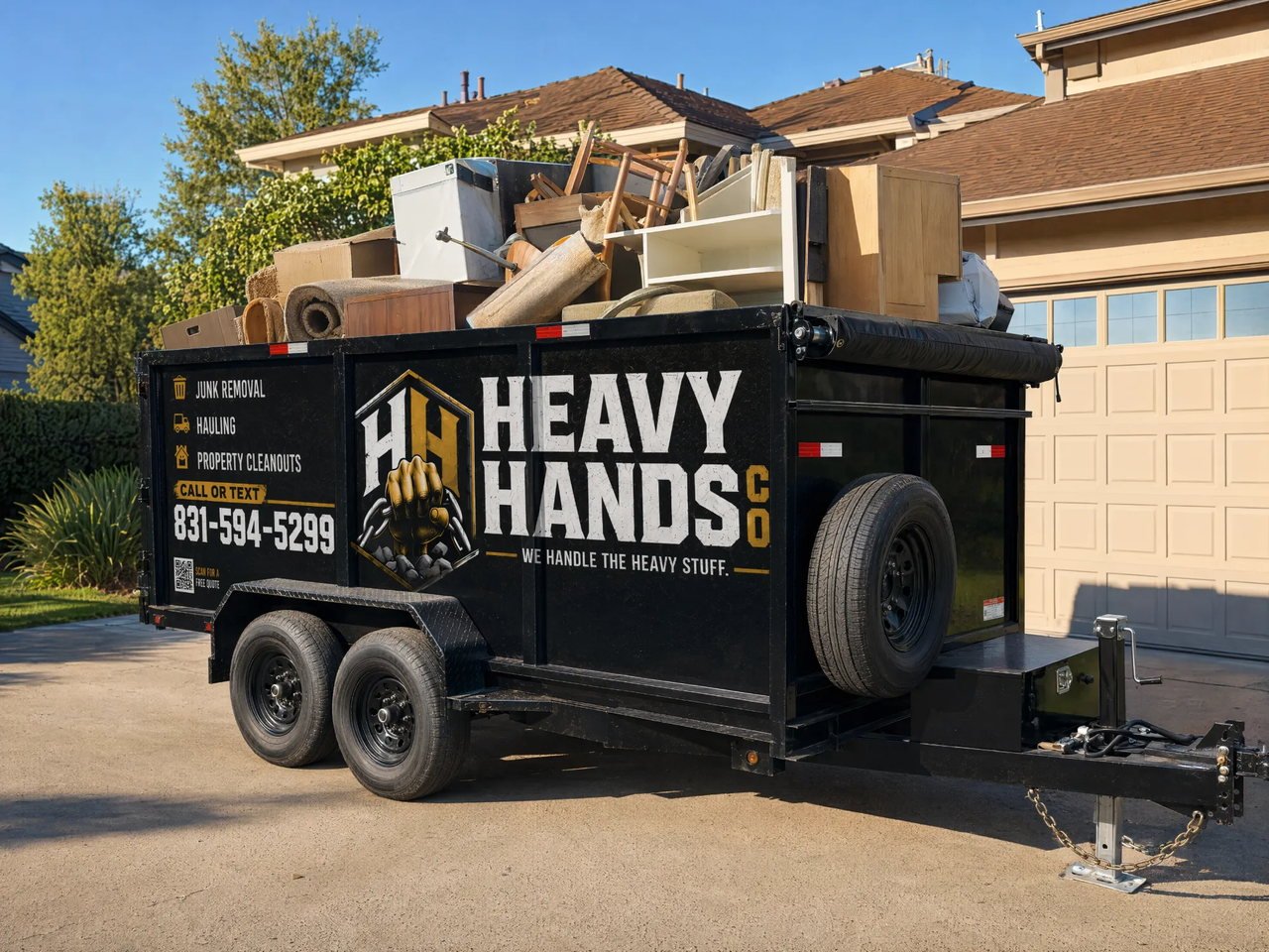 Black Heavy Hands Co. dump trailer full of furniture and household debris parked in a Salinas driveway